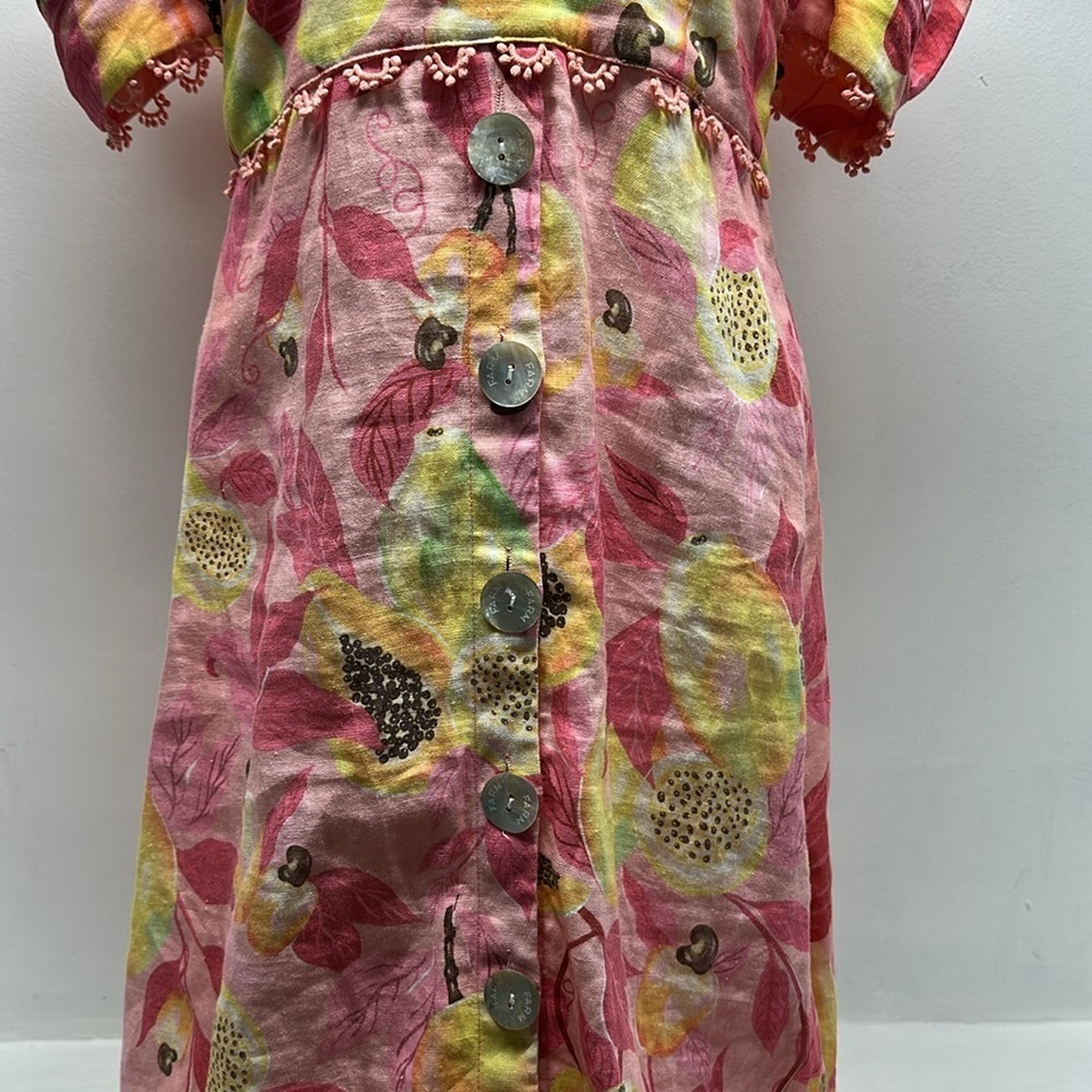 Farm Rio Pink Papaya Leaf Dress Linen Button Down Midi Short Sleeve Size Small - Picture 9 of 13